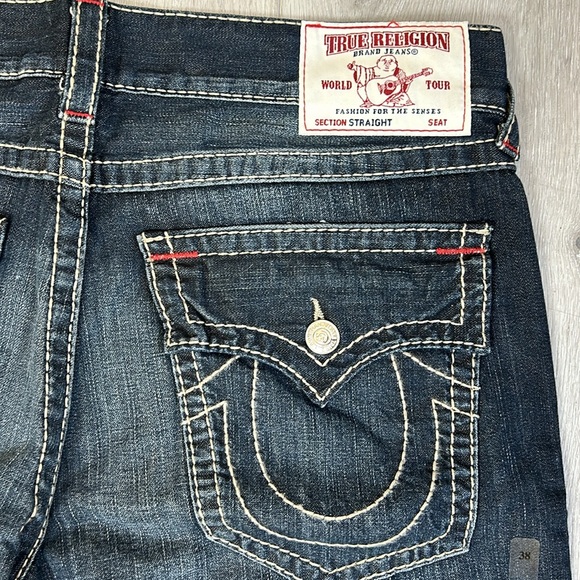 True Religion Indigo Heart Straight Flap Earthworm Big T Jeans 38 Waist - Picture 8 of 9